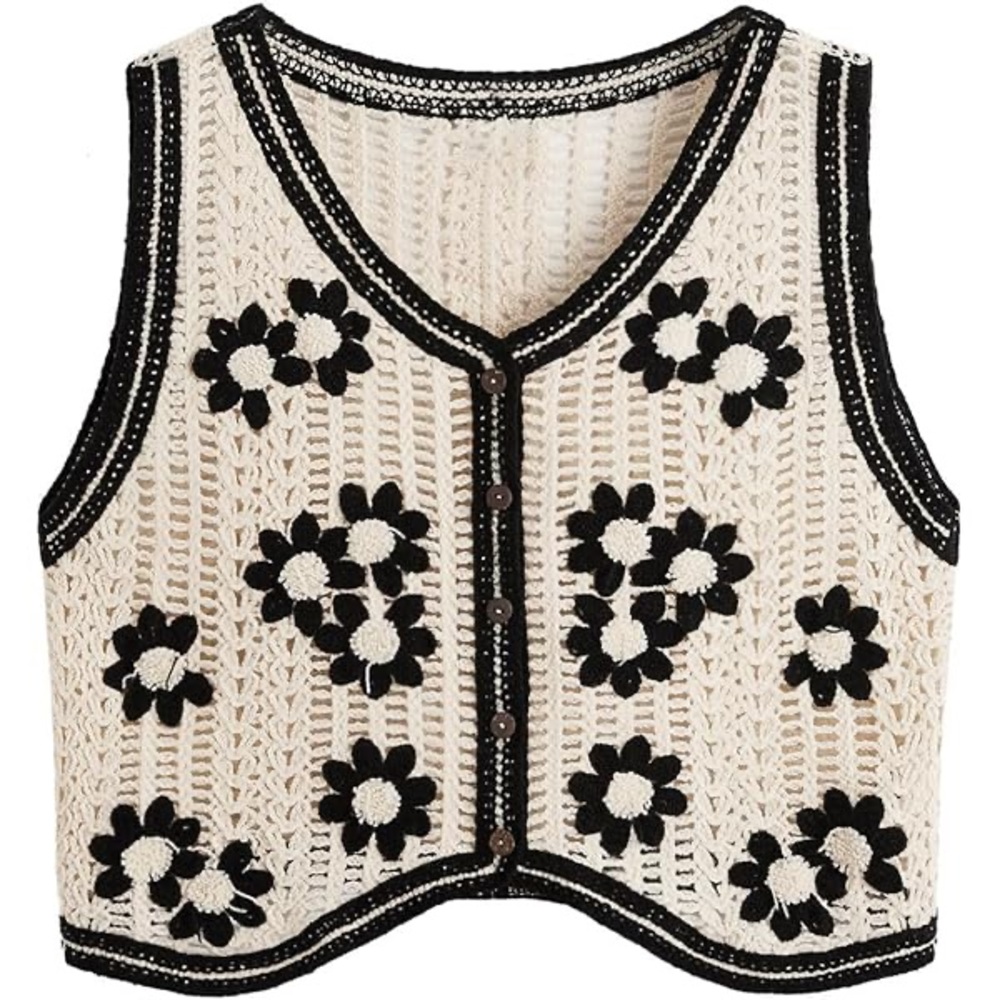 Crochet Floral Tank Vest - Cream with Black Flowers